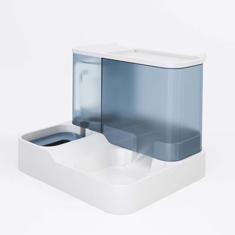 Automatic 2-in-1 pet food and water dispenser with anti-spill bowl for cats and small dogs, designed for convenience and cleanliness.