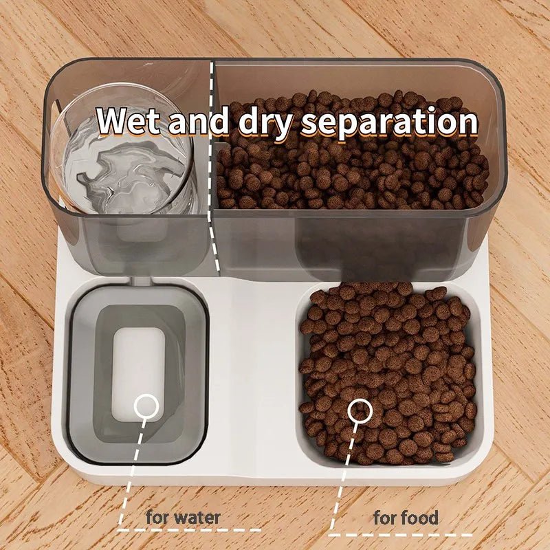 Automatic 2-in-1 pet food and water dispenser with anti-spill bowl for cats and small dogs, by Mufaal.com