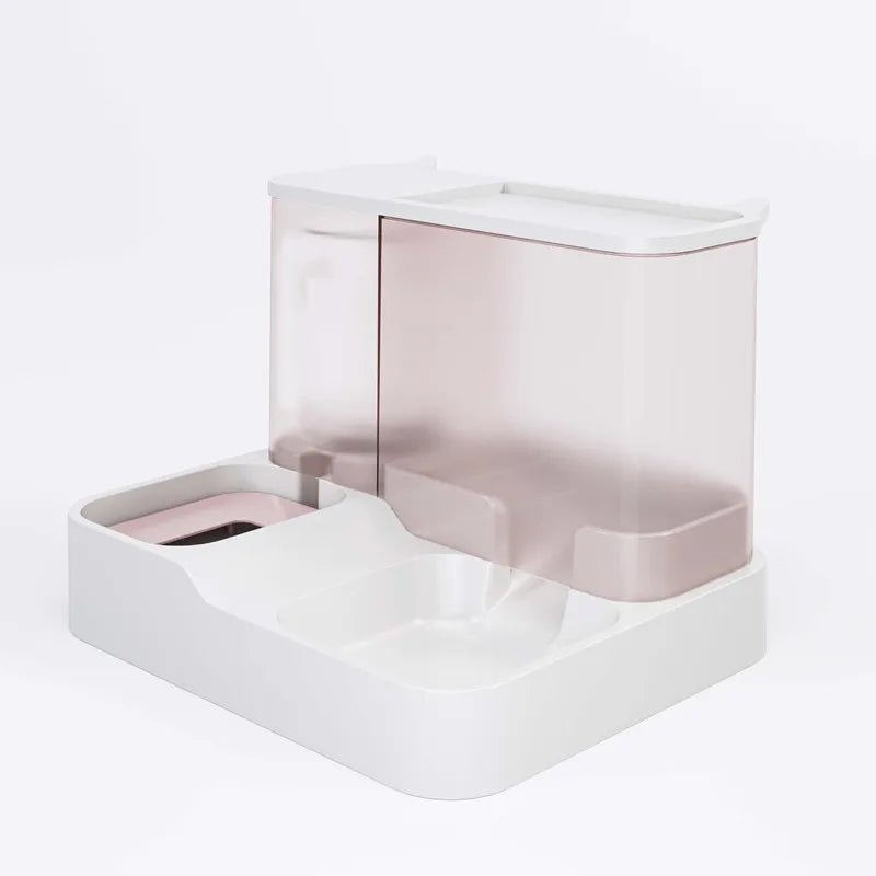 Automatic 2-in-1 pet food and water dispenser bowl for cats and small dogs, anti-spill design for easy feeding.