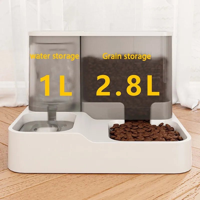 Automatic 2-in-1 pet food and water dispenser for cats and small dogs, anti-spill bowl from Mufaal.com.