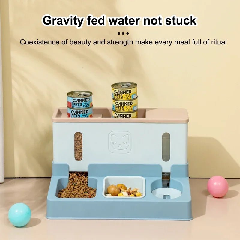 Raised double pet feeder bowl with water dispenser for cats and dogs, featuring 3-in-1 automatic feeding system by Mufaal.com