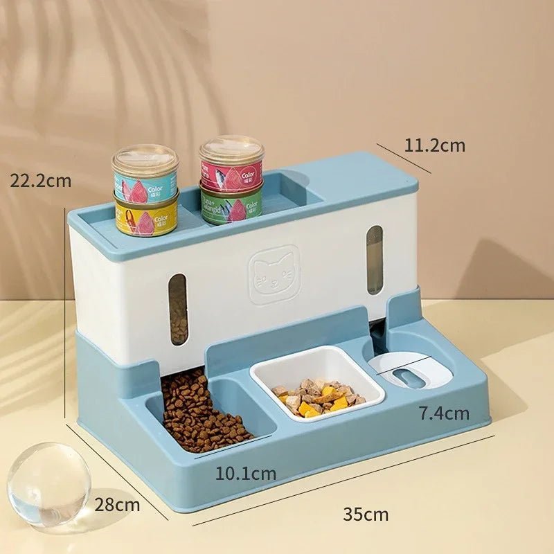 Raised 3-in-1 automatic pet feeder bowl with water dispenser for cats and dogs, featuring double bowls for food and water.