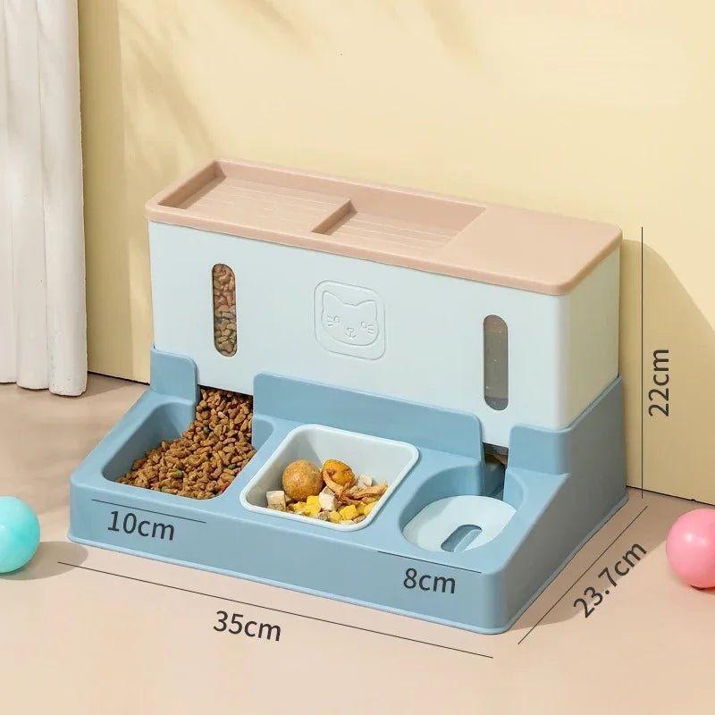 Raised 3-in-1 automatic pet feeder bowl with water dispenser for cats and dogs, featuring double bowls and modern design.
