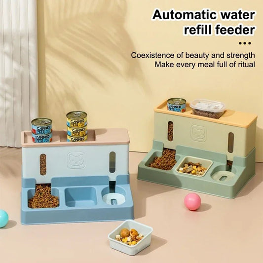Raised double pet feeder bowl with water dispenser for cats and dogs, automatic 3-in-1 pet feeder by Mufaal.com