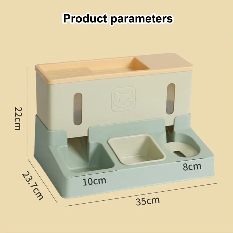 Raised 3-in-1 automatic pet feeder bowl with water dispenser for cats and dogs, featuring dual food bowls and water reservoir.