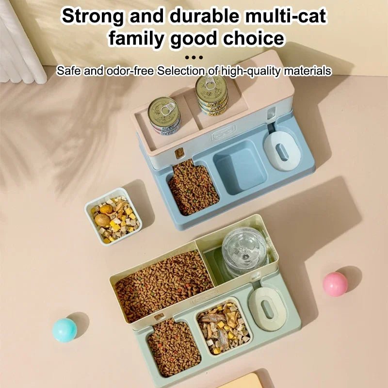 Raised double pet feeder bowl with water dispenser for cats and dogs, featuring a 3-in-1 automatic feeder design by Mufaal.com.