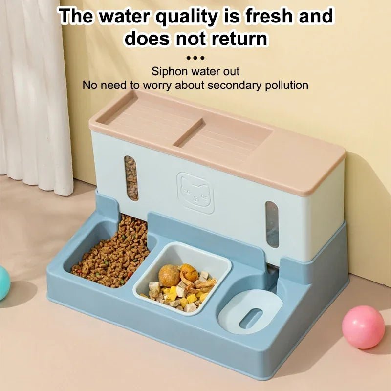 Mufaal.com 3-in-1 automatic pet feeder bowl with raised double bowls and water dispenser for cats and dogs.