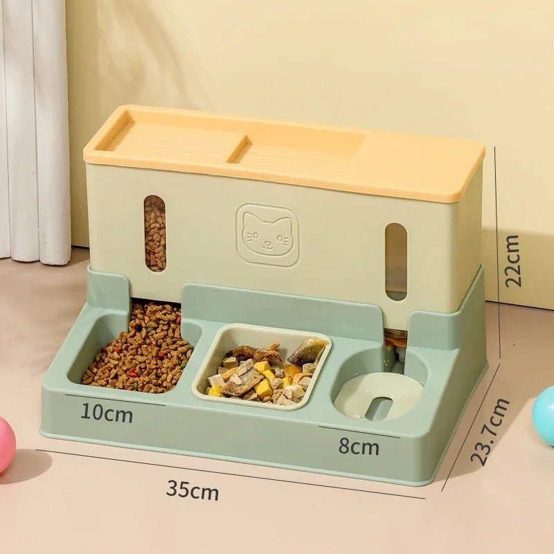 Raised double pet feeder bowl with water dispenser for cats and dogs, 3-in-1 automatic pet feeder by Mufaal.com