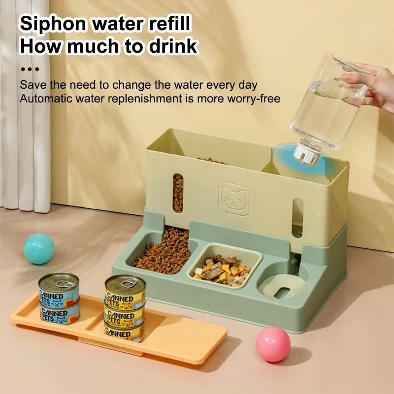 Raised double pet feeder bowl with water dispenser for cats and dogs, featuring a 3-in-1 automatic feeding and watering system.