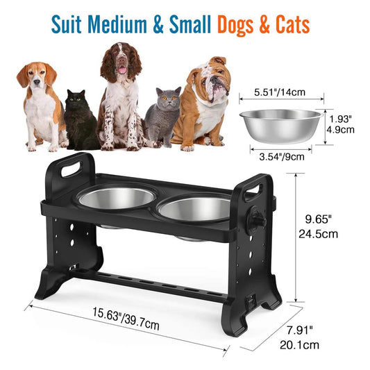 Adjustable stainless steel elevated dog bowl with anti-slip base suitable for small, medium, and large dogs.