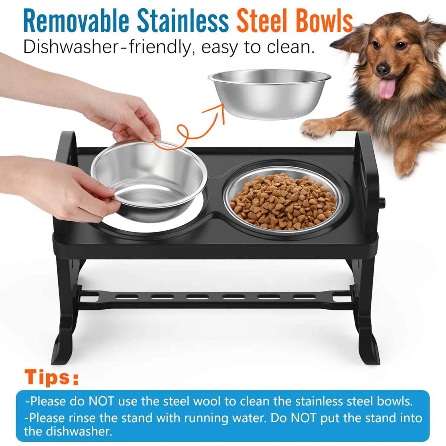 Adjustable elevated stainless steel dog bowl with anti-slip base, suitable for small to large dogs, by Mufaal.com.