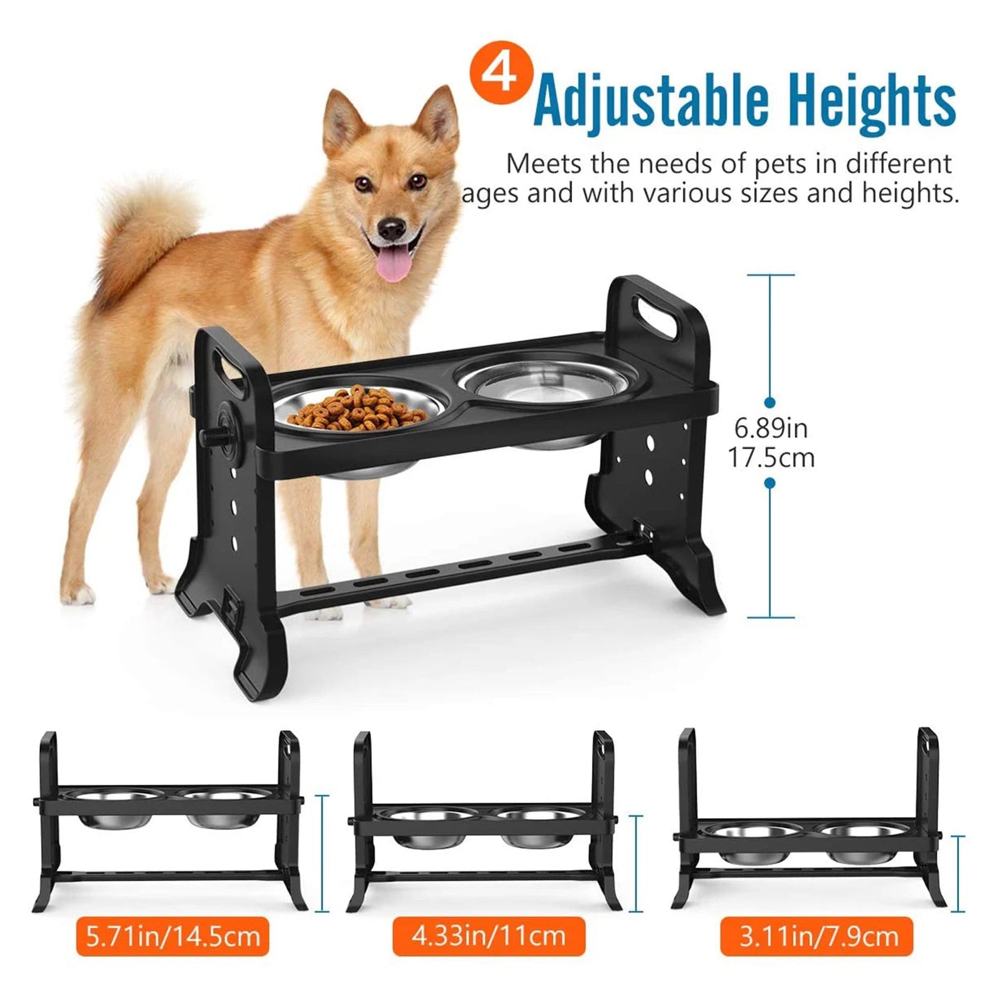 Adjustable stainless steel elevated dog bowl with anti-slip bottom, suitable for small to large dogs, designed for comfortable feeding.
