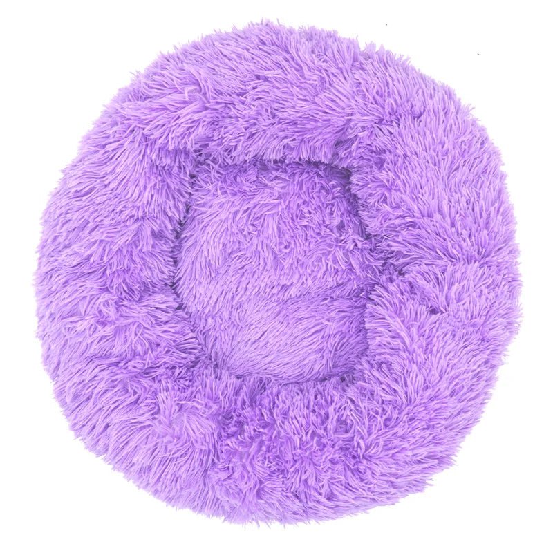 Mufaal.com calming donut pet bed for dogs and cats, plush, ultra-soft, washable anti-anxiety bed with raised edges for comfort.