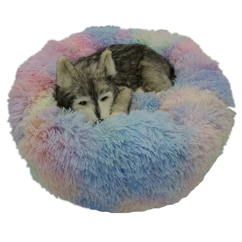 Soft, plush Calming Donut Pet Bed by Mufaal.com for dogs and cats, designed to reduce anxiety and is washable.