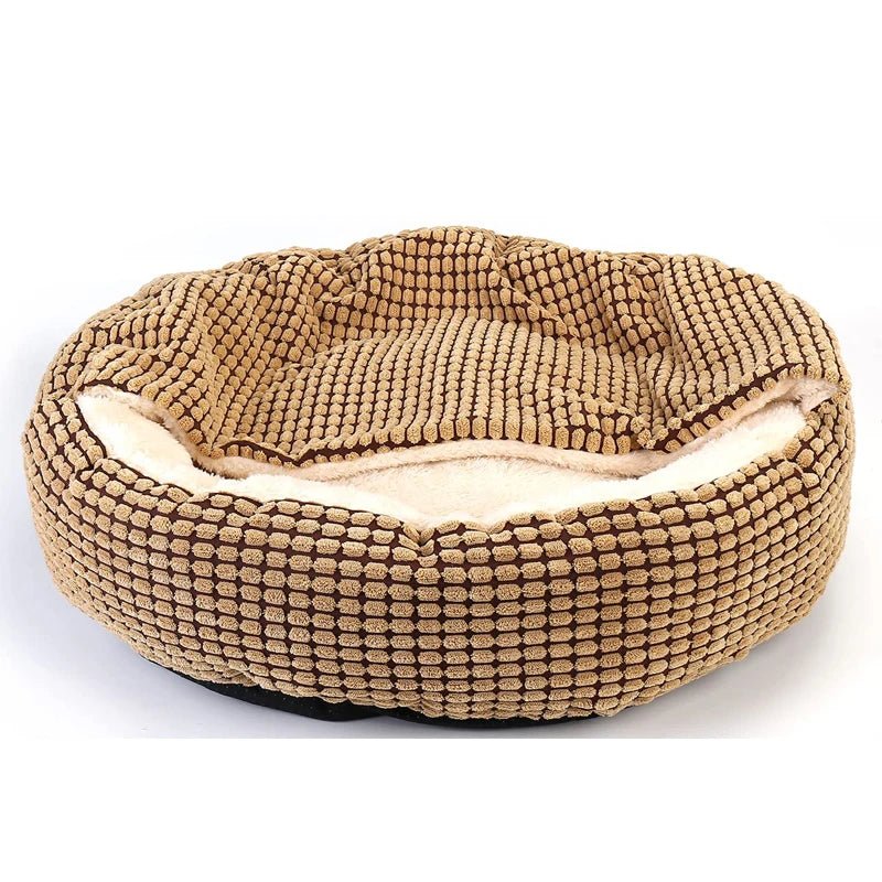 Calming Donut Pet Bed with hood by Mufaal.com, cozy and soft cave bed for cats and dogs, designed to reduce anxiety and keep pets warm.