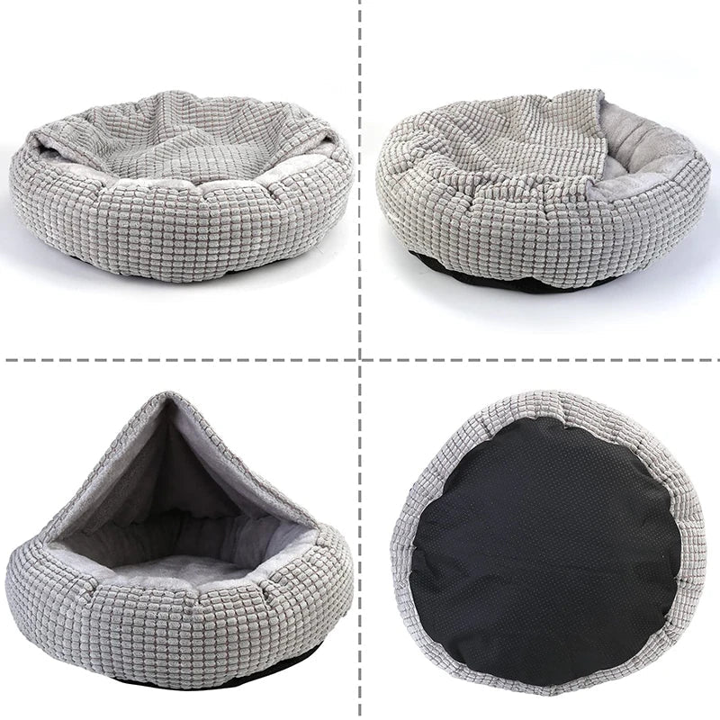 Ultra-soft, warm Calming Donut Pet Bed with hood by Mufaal.com, cozy cave bed for cats and dogs to reduce anxiety.