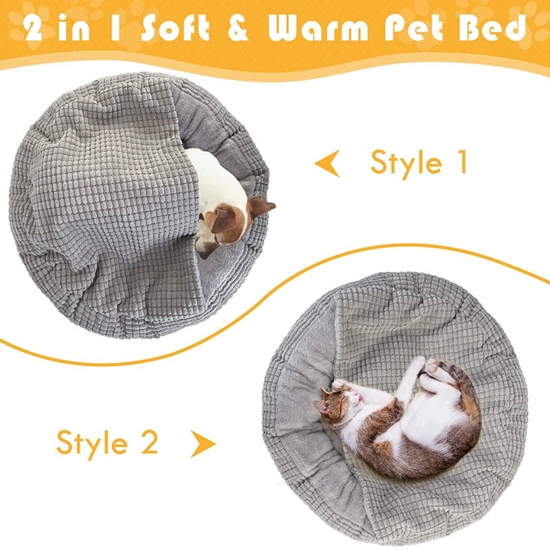 Ultra-soft Calming Donut Pet Bed with hood for cats and dogs, cozy cave design, provides warmth and anti-anxiety comfort.
