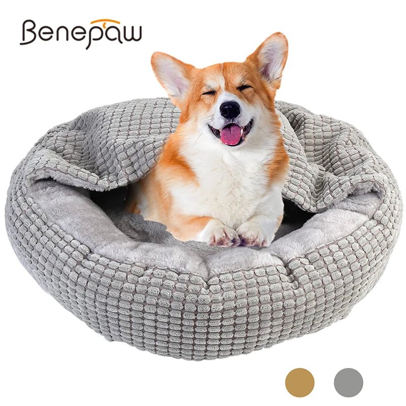 Ultra-soft calming donut pet bed with hood for cats and dogs, cozy cave design, ideal for comfort and anxiety relief.