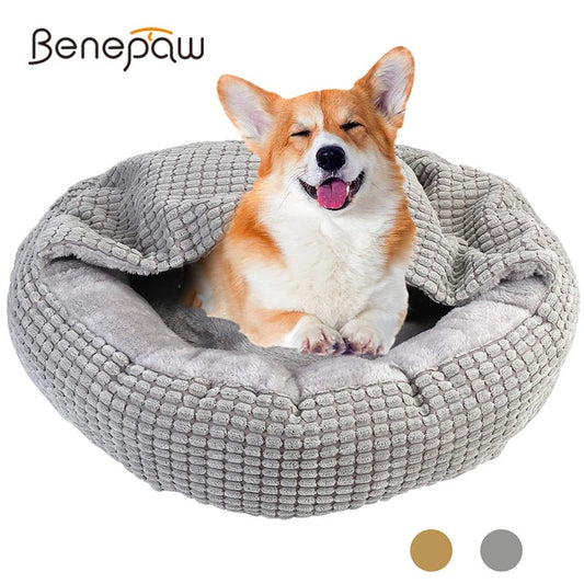 Ultra-soft calming donut pet bed with hood for cats and dogs, cozy cave design, ideal for comfort and anxiety relief.