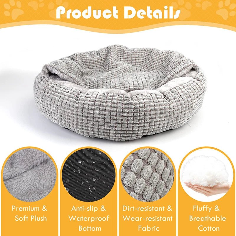 Soft, plush Calming Donut Pet Bed with hood by Mufaal.com, designed for cats and dogs, offering a cozy, warm, anti-anxiety cave bed.