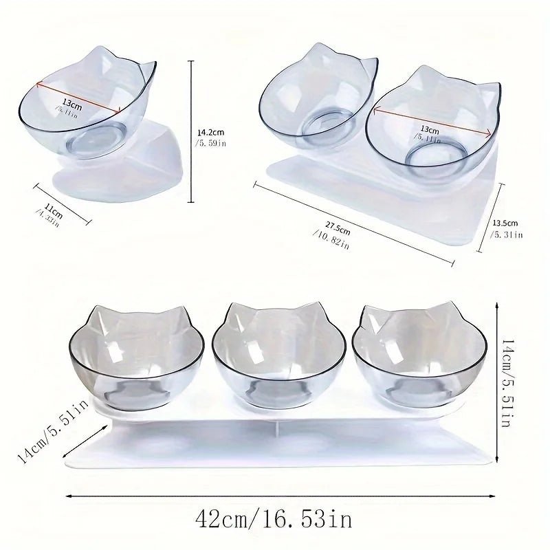 Raised cat and dog feeder bowls with 15-degree tilt and stand, including water and food bowls for cats and kittens.