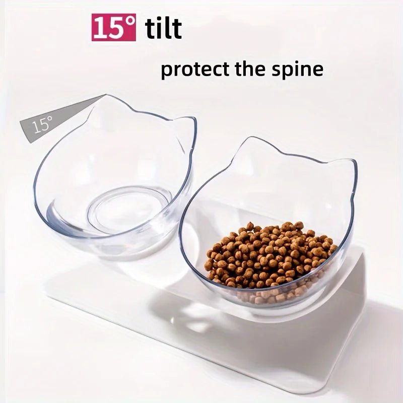 Raised cat and dog feeder bowls with a 15-degree tilt, stand, and water bowl, designed for easy feeding and hydration.