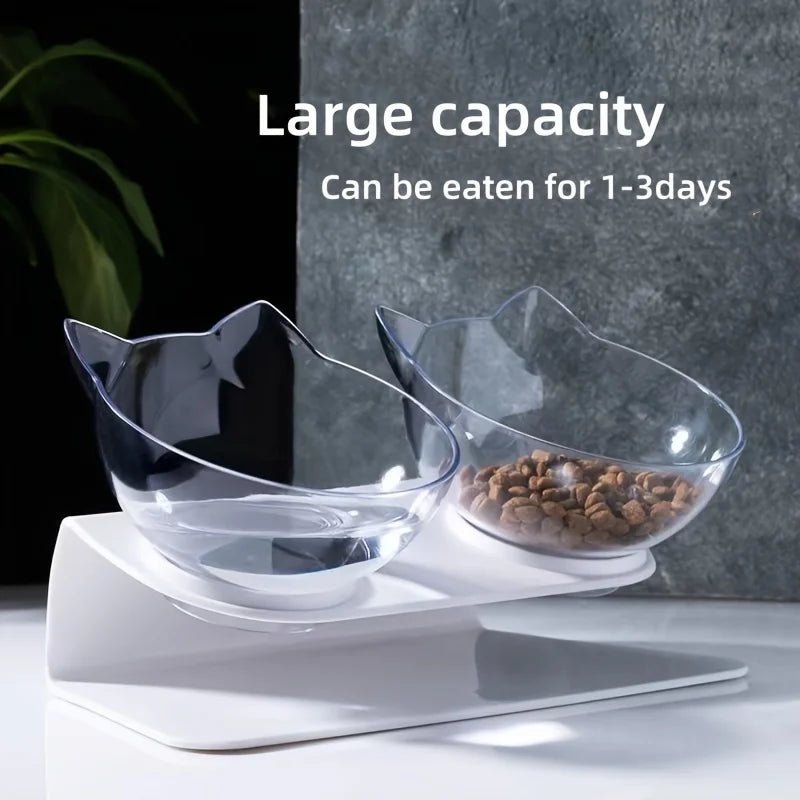 Raised cat and dog feeder bowls with a 15-degree tilt, stand, and neck guard for easy feeding for cats and kittens.