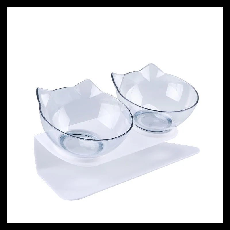 Raised cat and dog feeder bowls with 15-degree tilt, stand, and water bowl, designed for easy feeding and drinking for pets.