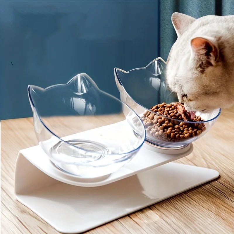 Raised cat and dog feeder bowls with a 15-degree tilt and stand, designed for easy feeding of cats, kittens, and small pets.