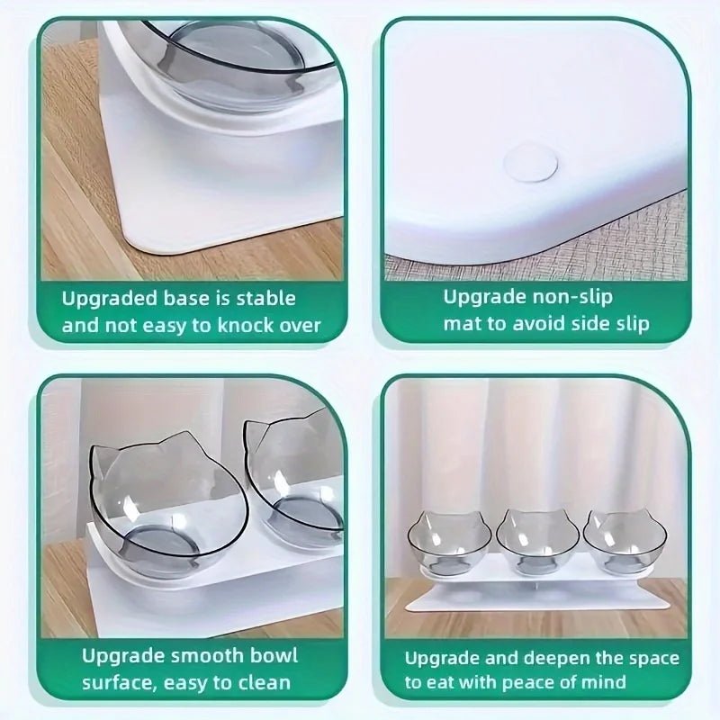 Raised cat and dog feeder bowls with 15-degree tilt stand, including water and food bowls for kittens and pets.