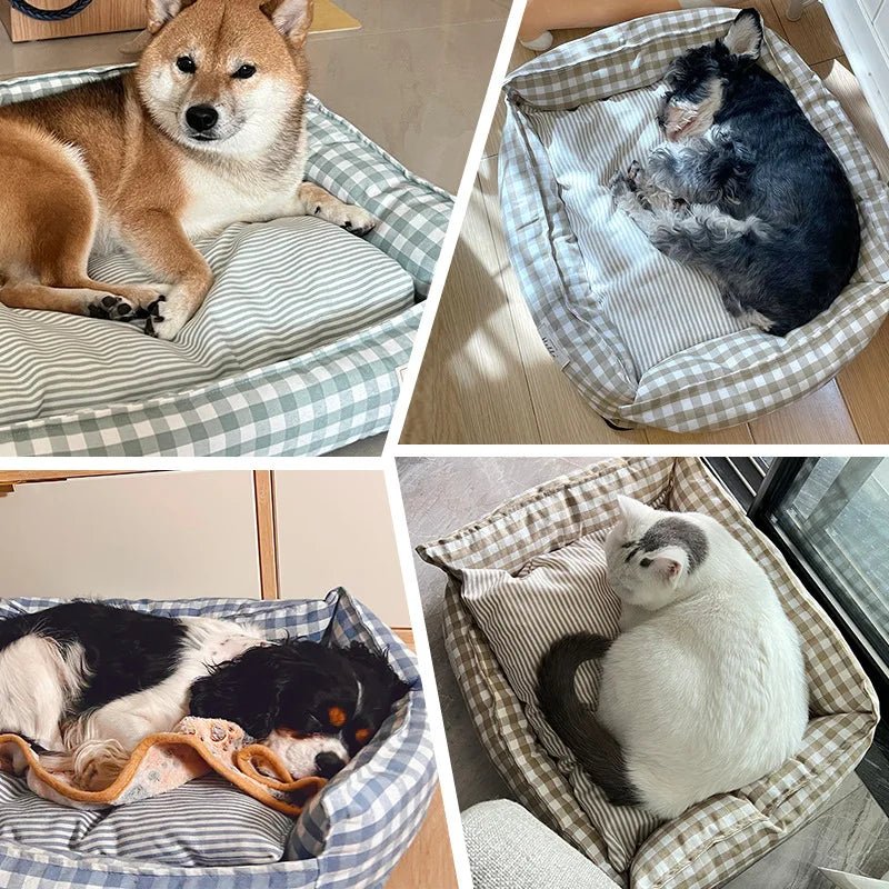 Cozy raised pet bed by Mufaal.com, soft plush dog and cat bed with head support, washable and comfortable for pets.