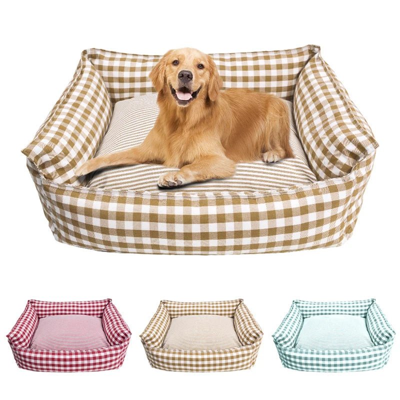 Soft plush raised pet bed by Mufaal.com for dogs and cats with head support, washable and comfortable for cozy resting.