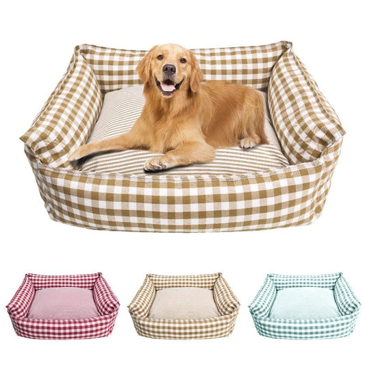 Soft plush raised pet bed by Mufaal.com for dogs and cats with head support, washable and comfortable for cozy resting.