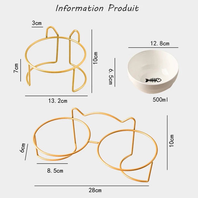 Ceramic elevated double pet bowl for cats and small dogs, ergonomic design with anti-spill features and stylish look.
