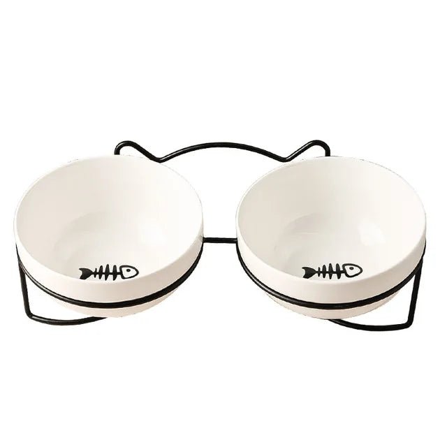 Elevated ceramic double pet bowl by Mufaal.com with ergonomic design, anti-spill features, suitable for cats and small dogs.