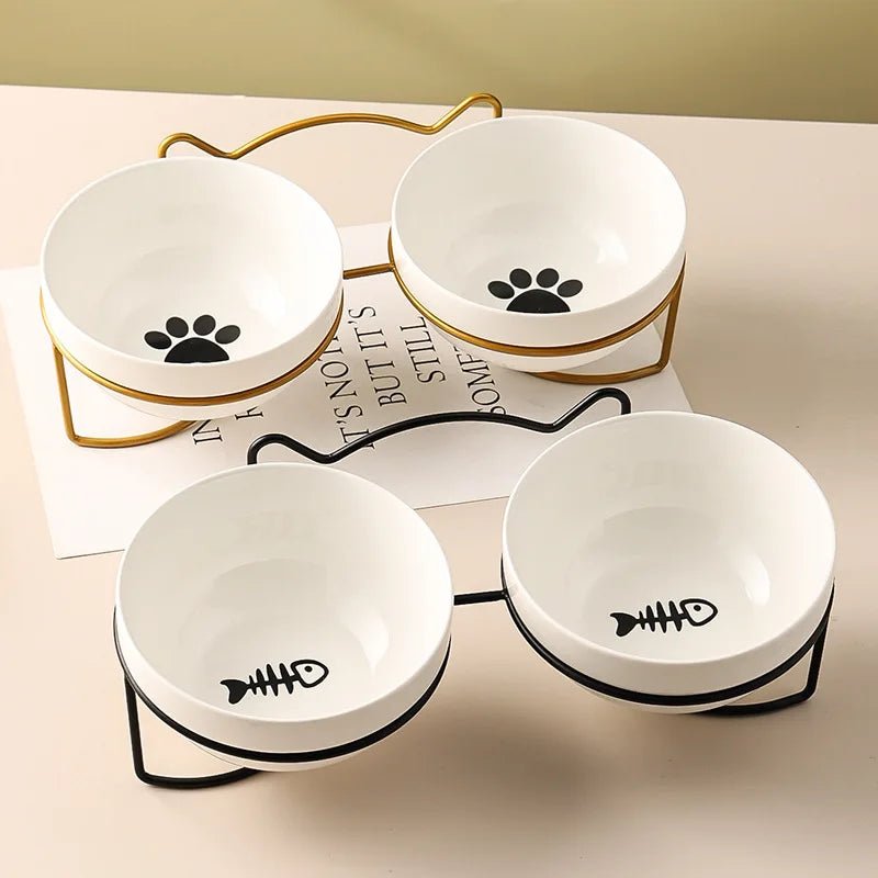 Ceramic elevated double pet bowl by Mufaal.com with ergonomic design, anti-spill features, perfect for cats and small dogs.