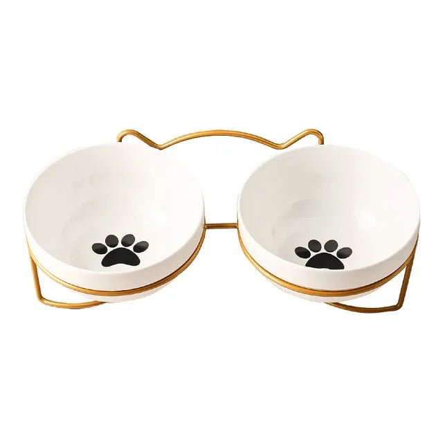 Elevated ceramic double pet bowl by Mufaal.com for cats and small dogs, featuring ergonomic design and anti-spill features.