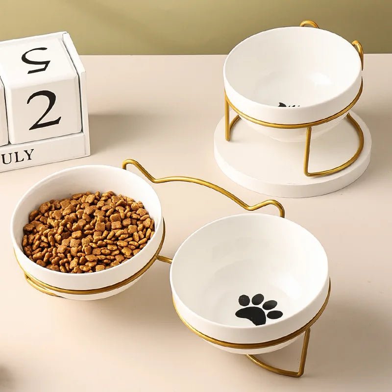 Elevated ceramic double pet bowl by Mufaal for cats and small dogs, with ergonomic design and anti-spill features.