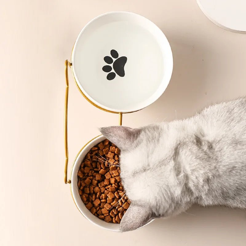 Elevated ceramic double pet bowl by Mufaal for cats and small dogs, featuring anti-spill design and stylish ergonomic stand.