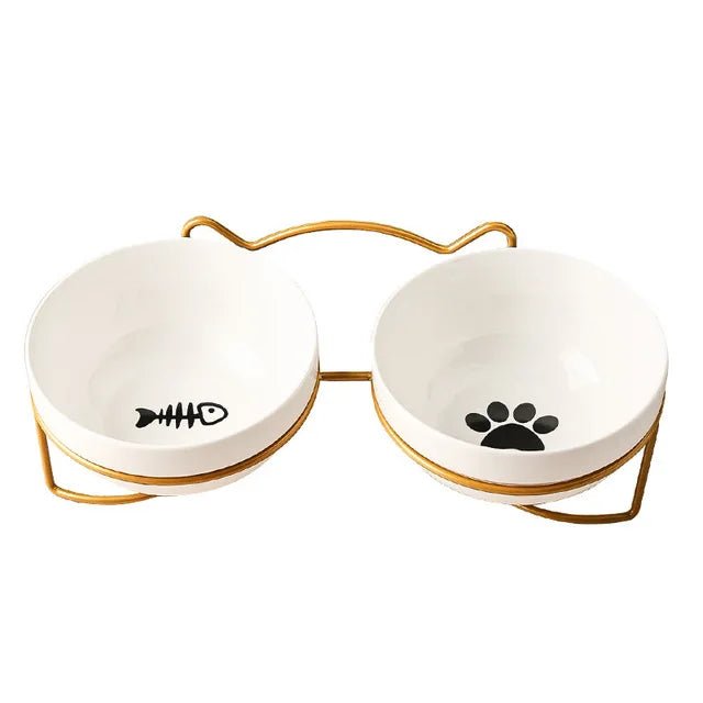 Elevated ceramic pet bowl for cats and small dogs, ergonomic design with anti-spill feature and stylish look.