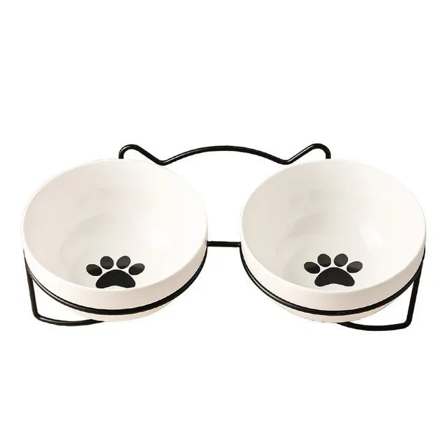 Ceramic elevated double pet bowl by Mufaal.com with ergonomic design, anti-spill feature, perfect for cats and small dogs.