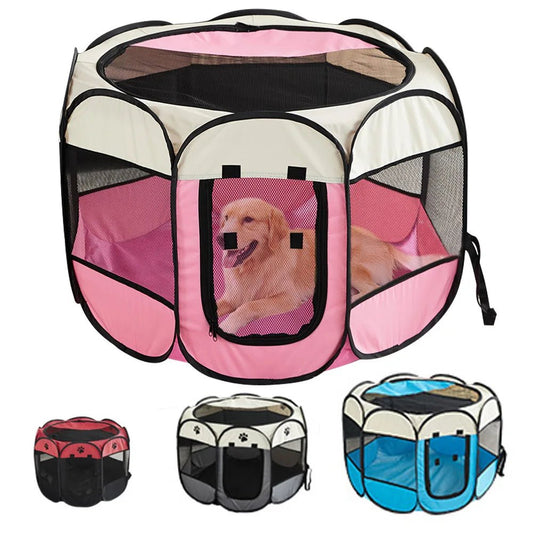 Foldable Mufaal.com pet tent playpen for cats and small dogs, portable breathable pet house with mesh sides and foldable design.