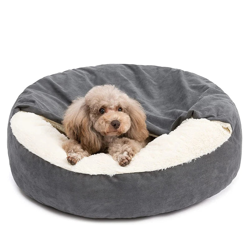 Luxury plush dog bed by Mufaal.com, ultra-soft calming sofa with anti-slip bottom, washable for medium and large dogs.