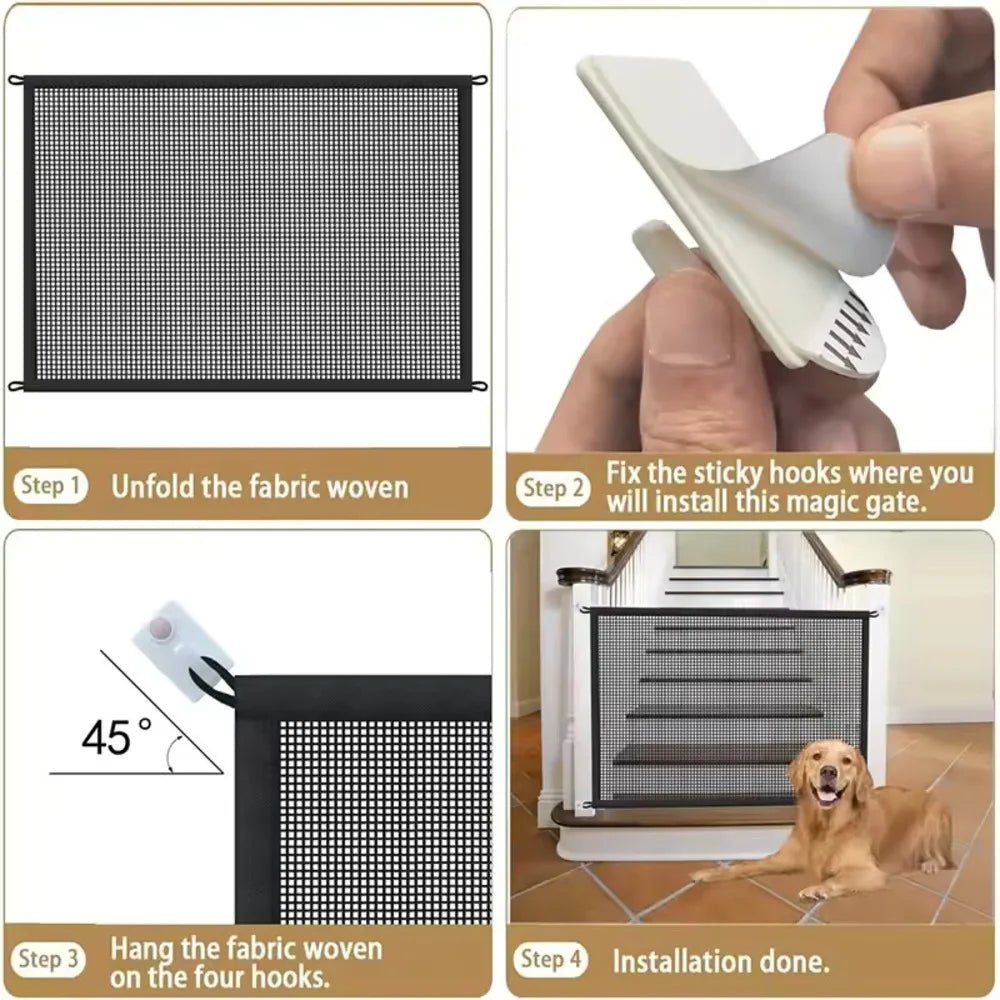 Foldable mesh pet gate by Mufaal.com, portable dog and baby safety barrier with easy installation and no drill needed.