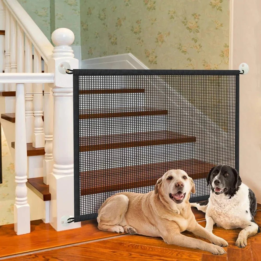 Foldable mesh pet gate by Mufaal.com, easy to install dog and baby safety barrier, no drilling required.