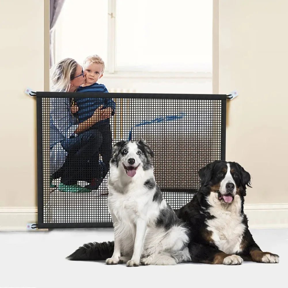 Foldable portable mesh pet gate by Mufaal.com, easy to install dog and baby safety barrier without drilling, lightweight and foldable.