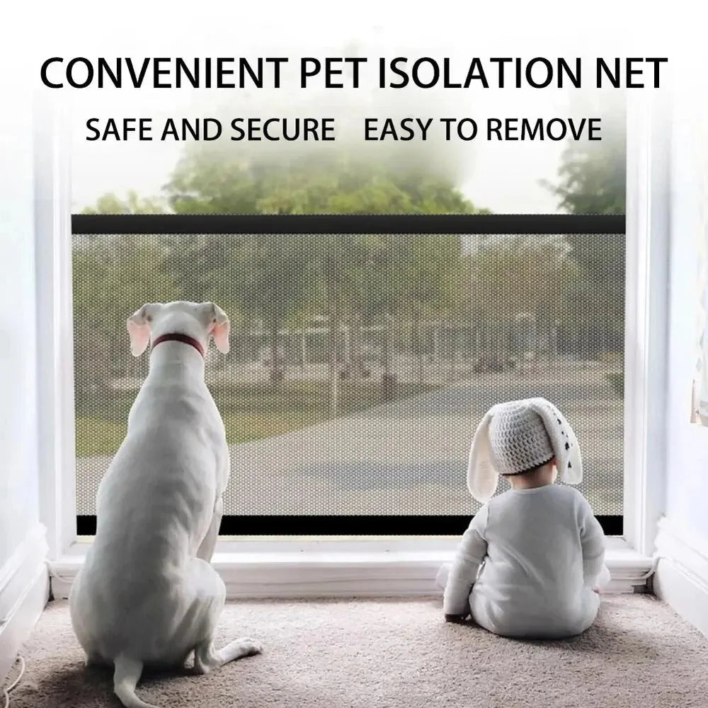 Portable mesh pet gate by Mufaal.com, foldable and easy to install dog and baby safety barrier without drilling.