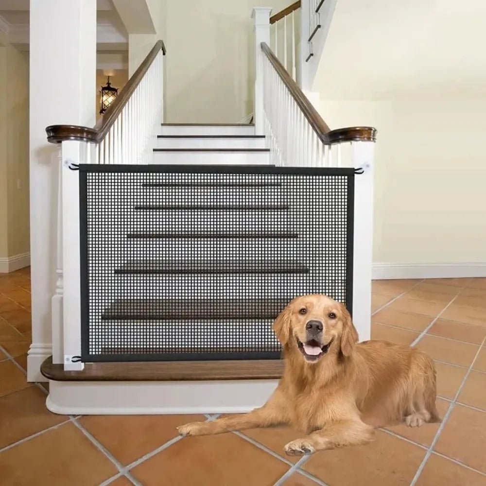 Foldable mesh pet gate by Mufaal.com, easy to install dog and baby safety barrier without drilling, portable and foldable design.