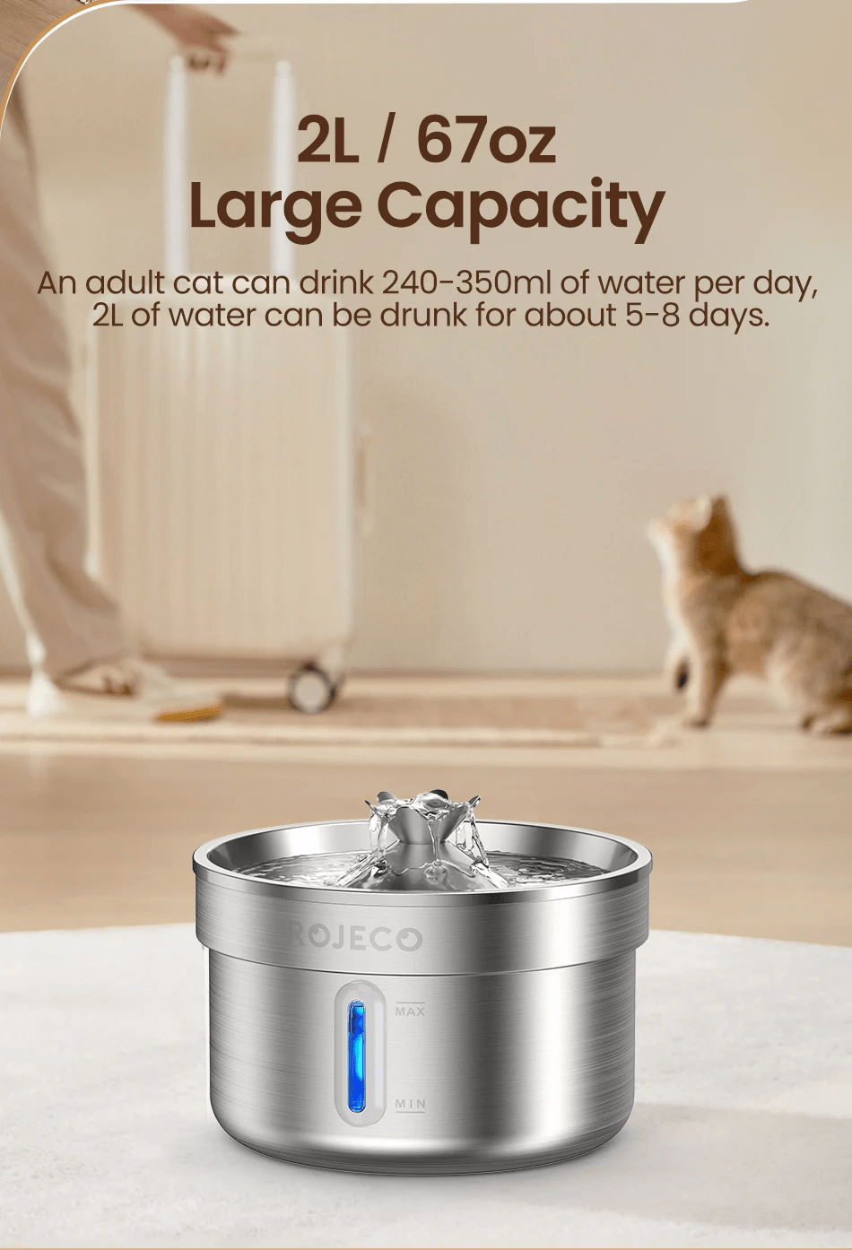 Stainless Steel Cat Water Fountain – Automatic Pet Water Dispenser 2L (Ultra Quiet, Filtered) for sale - High quality | Mufaal.com