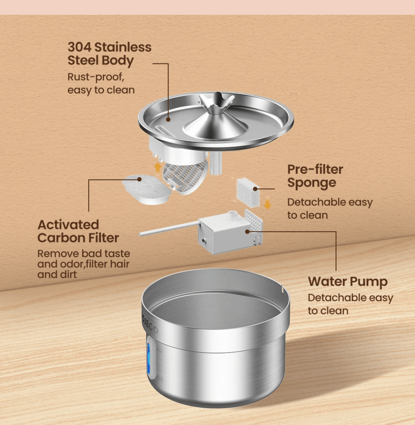 Stainless Steel Cat Water Fountain – Automatic Pet Water Dispenser 2L (Ultra Quiet, Filtered) for sale - High quality | Mufaal.com